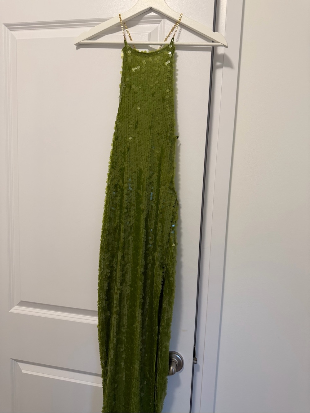 Olive Green Sequin Maxi Dress with Chain Straps